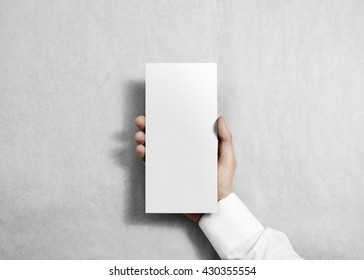 Hand Holding Blank White Flyer Brochure Booklet. Leaflet Presentation. Pamphlet Hold Hands. Man Show Clear Offset Paper. Sheet Template. Booklet Design Sheet Display Read First Person