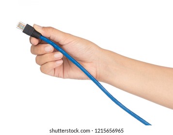 Hand holding Blue Cable Network CAT6 Flat 2m RJ45 Lan Internet isolated on white Background