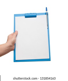 hand holding a blue clipboard with blank sheet of paper isolated on white