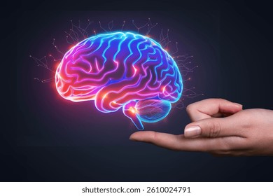 Hand Holding blue Human Brain, science and mind