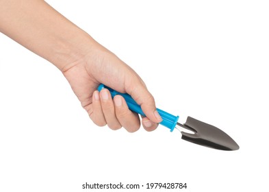 Hand Holding Blue Spade Isolated On White Background