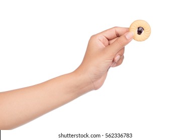 Hand Holding Blueberry Cookie Biscuits Isolated On White Background.