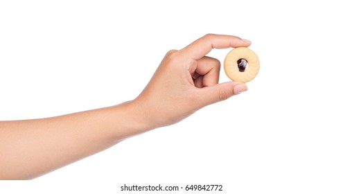 Hand Holding Blueberry Cookie Biscuits Isolated On White Background.