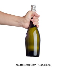 Hand Holding Bottle Of Champagne Isolated On White 