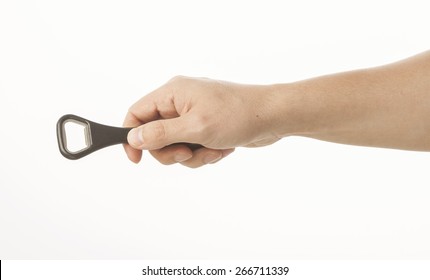 Hand Holding Bottle Opener On White