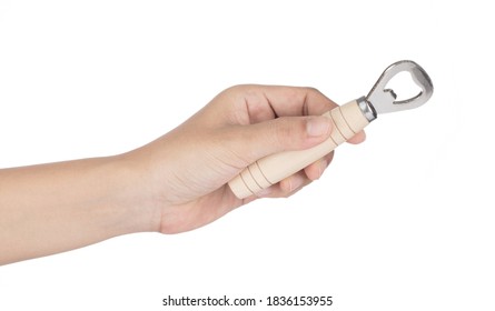 Hand Holding Bottle Opener Wood Handle Isolated On White Background