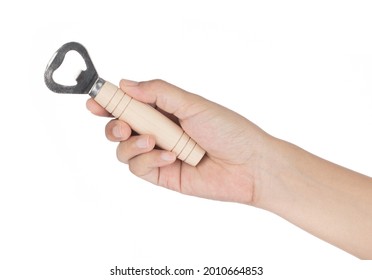 Hand Holding Bottle Opener Wood Handle Isolated On White Background