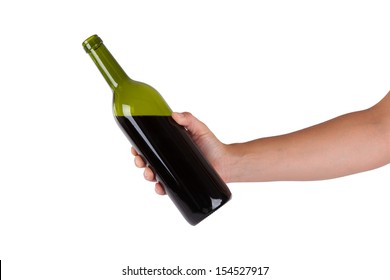 Hand Holding A Bottle Of Red Wine, Isolated On White