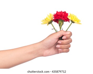 Hand Holding Bouquet Of Chrysanthemum Flowers  Isolated On White Background.