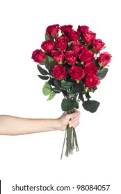 Hand Holding Bouquet Of Red Roses Over White Background