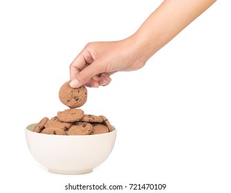 Hand Holding Bowl Of Chocolate Chip Cookie Isolated On White Background