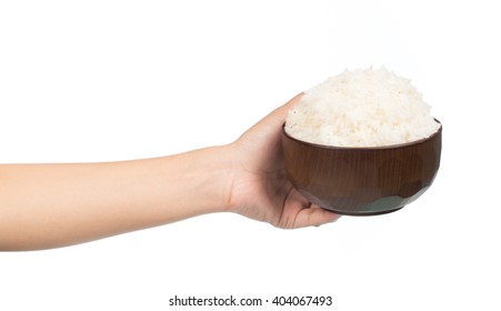 Hand Holding Bowl Of Rice Isolated On White Background