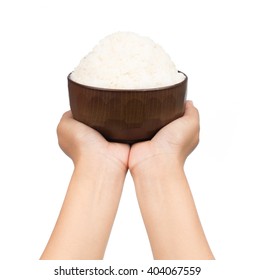 Hand Holding Bowl Of Rice Isolated On White Background