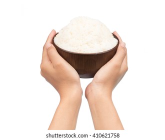 Hand Holding Bowl Of Rice Isolated On White Background