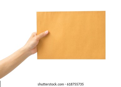 Hand Holding Brown Envelope On White Background