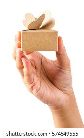 Hand Holding Brown Gift Box Isolated On White Background, Saved Clipping Path.