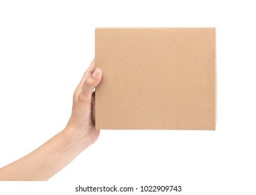 Hand Holding Brown Paper Box Package Isolated On White Background