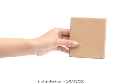 Hand Holding Brown Paper Box Package Isolated On White Background