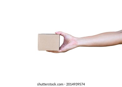 Hand Holding  Brown Parcel Box Isolated On White Background.online Delivery Business Concept.