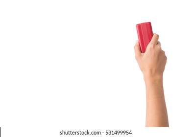 Hand holding brush erase isolated on white background