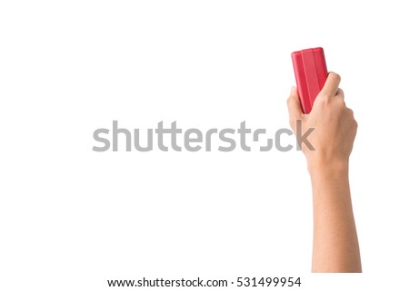 Hand holding brush erase isolated on white background