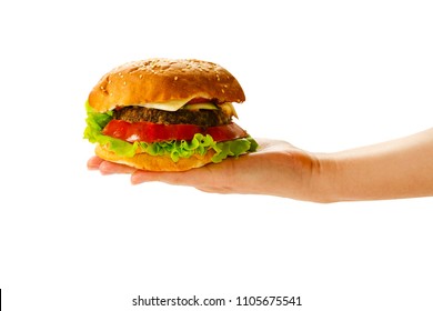Hand holding burger isolated on white background.