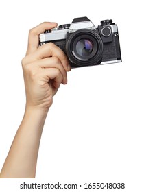 Hand Holding Camera Isolated On White Background.