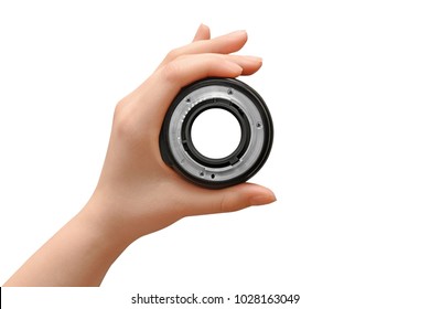 Hand Holding Camera Lens On White Background