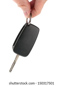 Hand Holding Car Keys Isolated On White Background