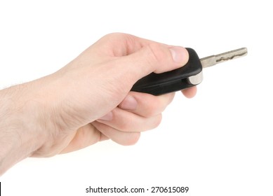 Hand Holding Car Keys Isolated On White Background