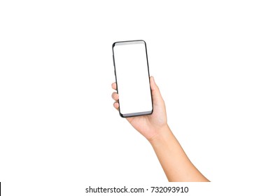 Hand Holding Cell Phone Blank On White Screen And White Background