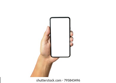 Hand holding cell phone blank on white screen and white background - Shutterstock ID 795843496