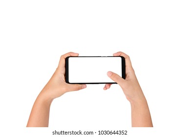 Hand Holding Cell Phone Look Like Playing A Game Blank On White Screen And White Background 