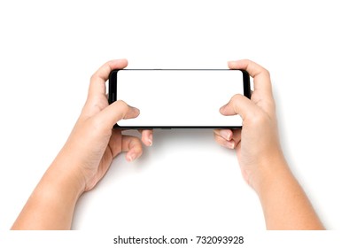 Hand Holding Cell Phone Look Like Playing A Game Blank On White Screen And White Background