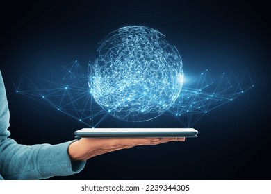  hand holding cellphone with glowing polygonal sphere on blurry dark background. Futuristic technology wireframe mesh polygonal element. Connection Structure. Digital Data Visualization. 