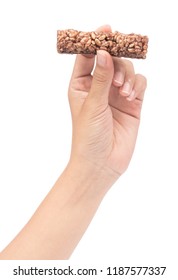 Hand Holding Cereal Bar Isolated On White Background