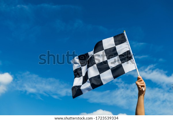 Hand holding\
checkered race flag in the\
air
