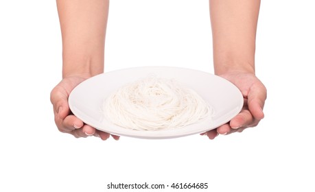 hand holding Chinese noodle style on dish isolated on white background