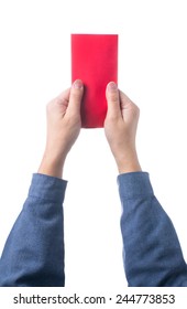 Hand Holding Chinese Red Envelope Isolated Over White Background