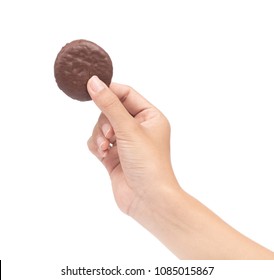 Hand Holding Chocolate Brownie Cookie Isolated On A White Background.