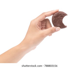 Hand Holding Chocolate Brownie Cookie Isolated On A White Background.