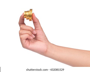 Hand Holding Chocolate Gold Coin And Bar Isolated On White Background