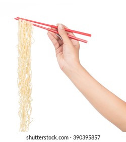 Hand Holding Chopsticks, Eating Noodles Isolated On White Background