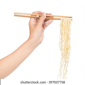 Hand Holding Chopsticks, Eating Noodles Isolated On White Background