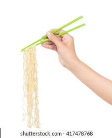 Hand Holding Chopsticks, Eating Noodles Isolated On White Background