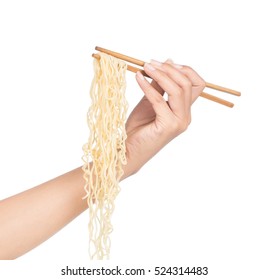 Hand Holding Chopsticks, Eating Noodles Isolated On White Background