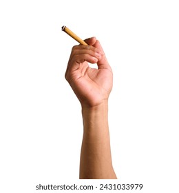 Hand holding cigarette isolated on white background