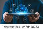 hand holding cloud icon, Cloud computing concept, Backup Storage Data Internet, networking and digital, Share global, technology concept.	
