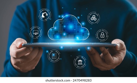 hand holding cloud icon, Cloud computing concept, Backup Storage Data Internet, networking and digital, Share global, technology concept.	
