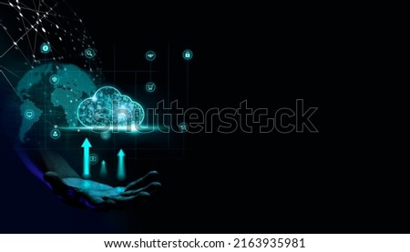 Hand holding cloud system technology with data protection dark background
